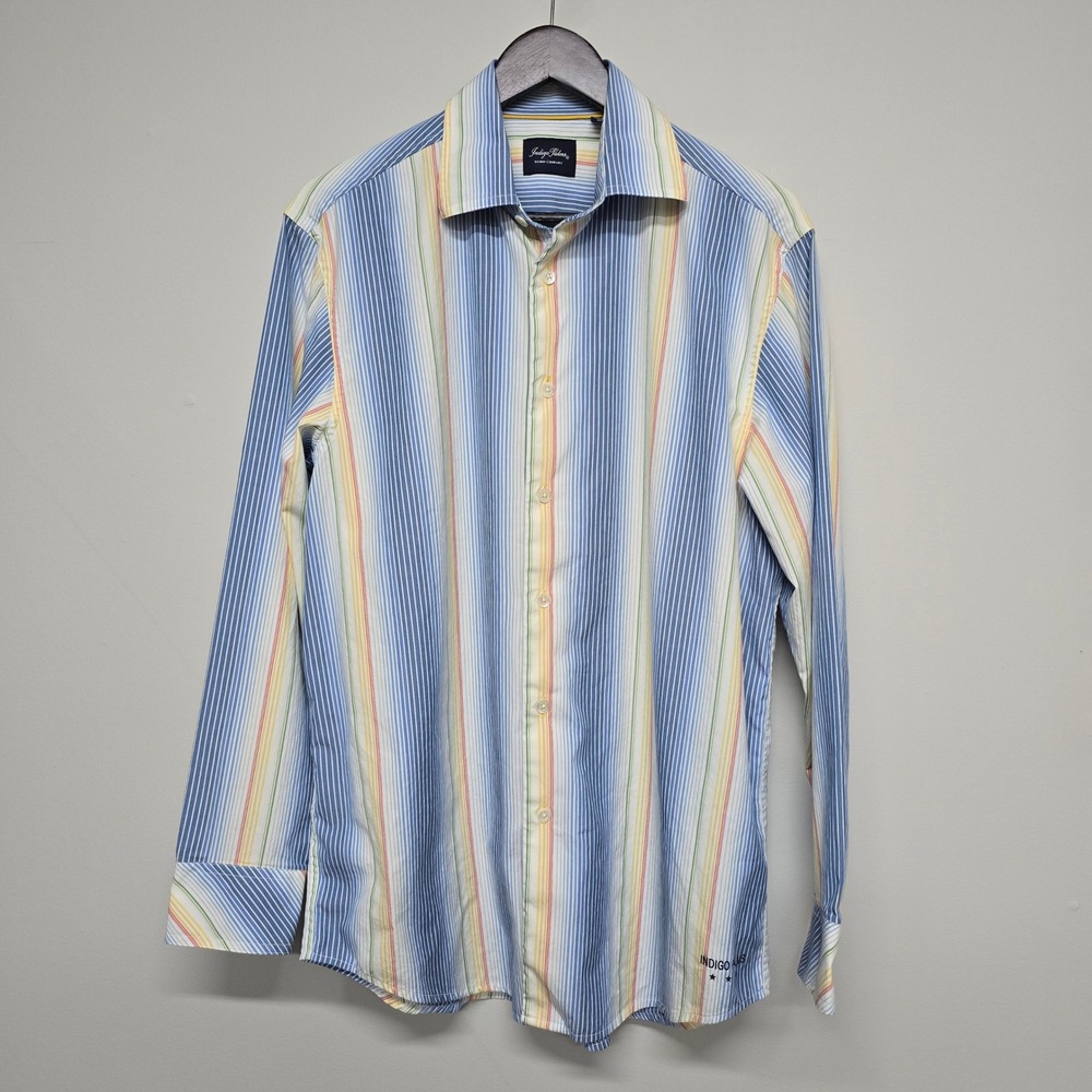 Indigo Palms Striped Button Up Shirt Mens Medium Blue Rainbow Coastal Preppy